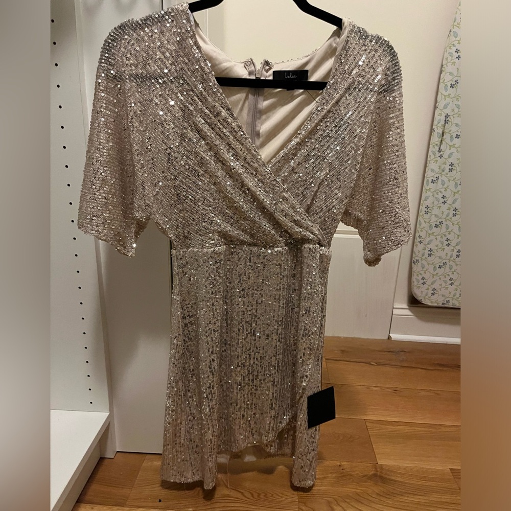 Sequin faux wrap mini dress NWT